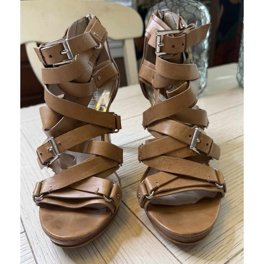 Michael Kors 4.5" Heel Sandals 9M Brown Leather Cross Strap Leonia Buckle Shoe - Picture 12 of 12